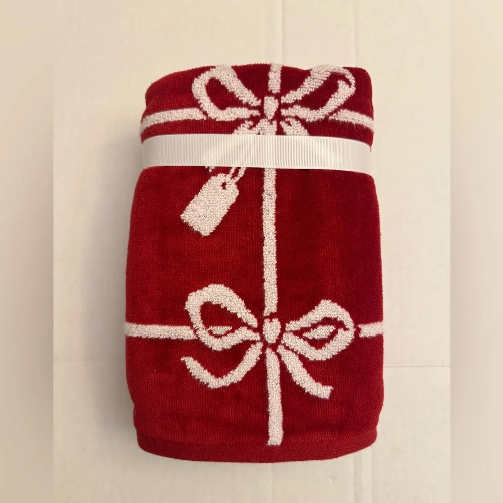 3pc CARO HOME Reversible Christmas Bows Bath Towel Set - 100% Cotton - Red/White